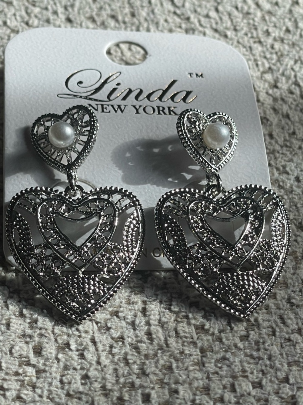 Silver Heart Filigree Drop Earrings with Pearl Accent